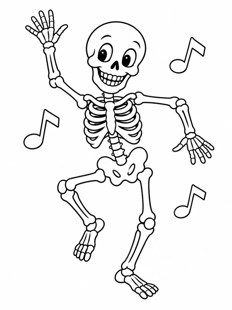 A smiling simplified cartoon skeleton dances beside three outlined music notes, all bones clean and non-graphic.