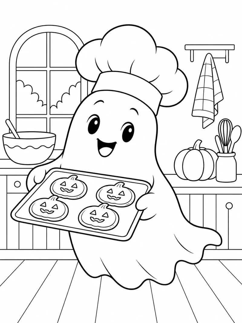 A cheerful ghost wearing a chef hat carries a tray with four pumpkin-shaped cookies.
