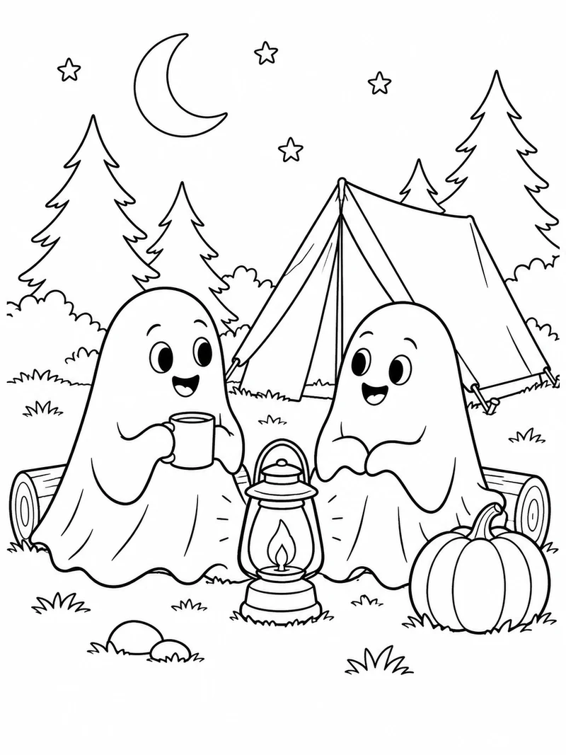 Two cheerful ghosts sit around a camping lantern beside a small tent and a pumpkin.