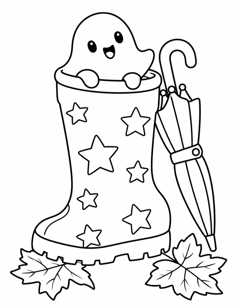 A tiny ghost peeks from a star-covered rain boot with an umbrella resting beside it.