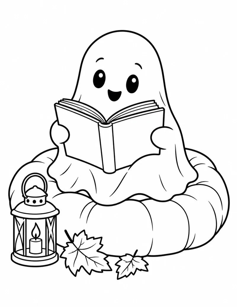 A little ghost settles onto a cushion with a book and a lantern.