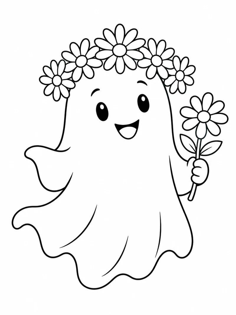 A friendly floating ghost wears a crown of five large daisies and holds a single flower.