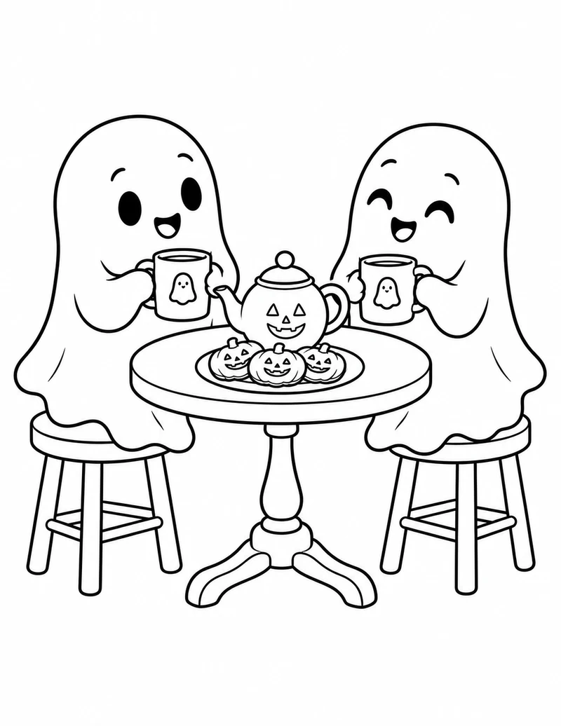 Two friendly ghosts share tea and pumpkin cookies at a round table.