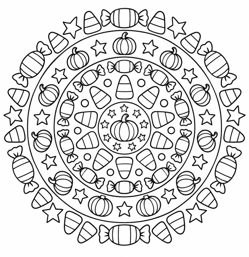 Wrapped sweets, candy corn, stars, and pumpkins form concentric rings around a central pumpkin.