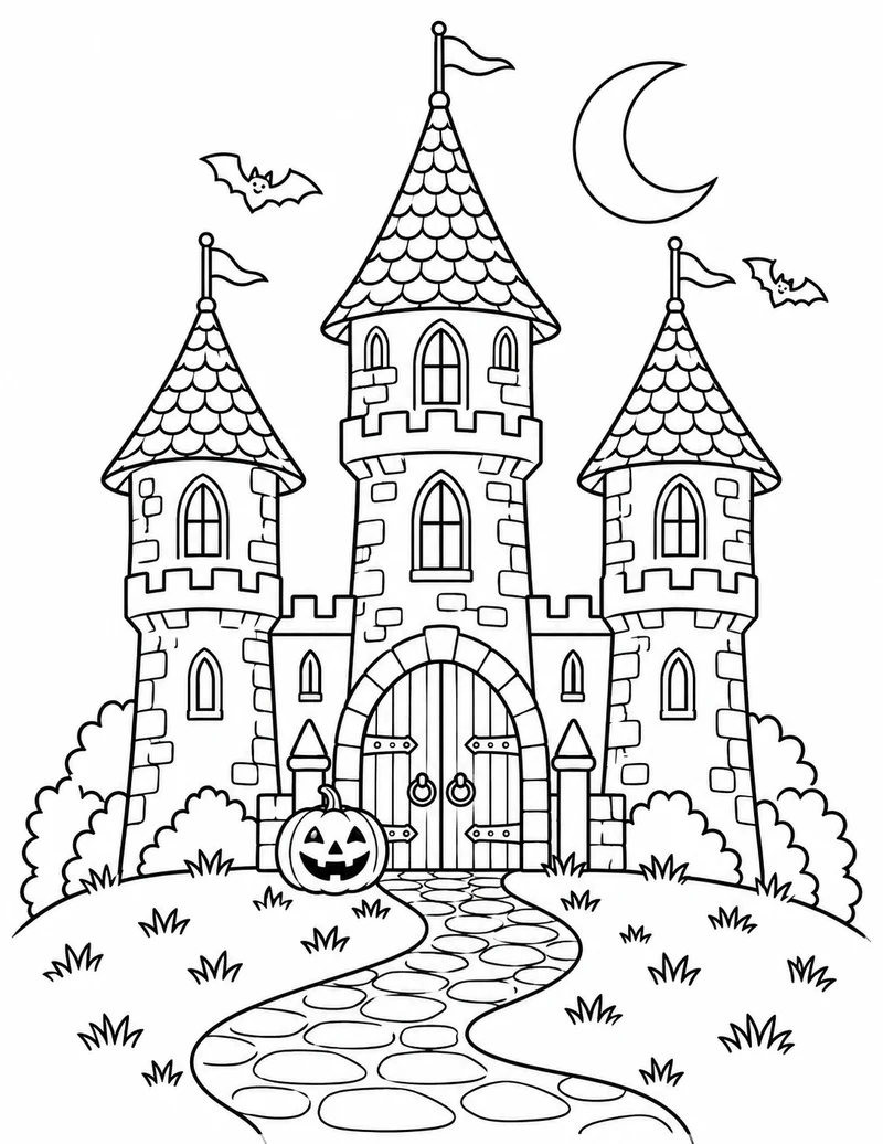 A three-towered castle overlooks a winding path, with a jack-o-lantern guarding the entrance.