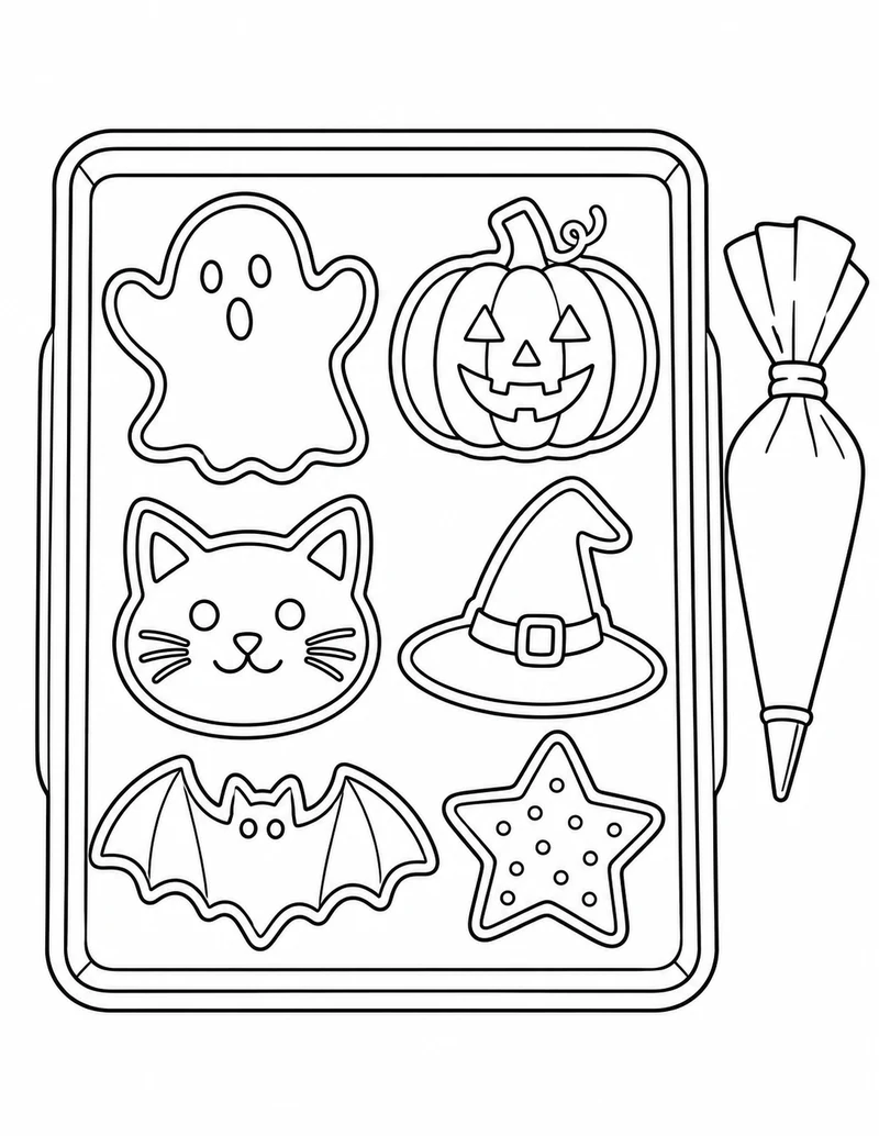 Six Halloween cookies wait on a baking tray beside a piping bag: a ghost, pumpkin, cat, witch hat, bat, and star.