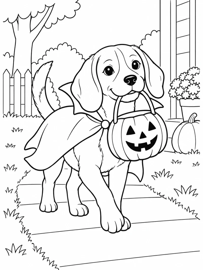 A cheerful beagle wears a short vampire cape and carries a pumpkin treat bag in its mouth.