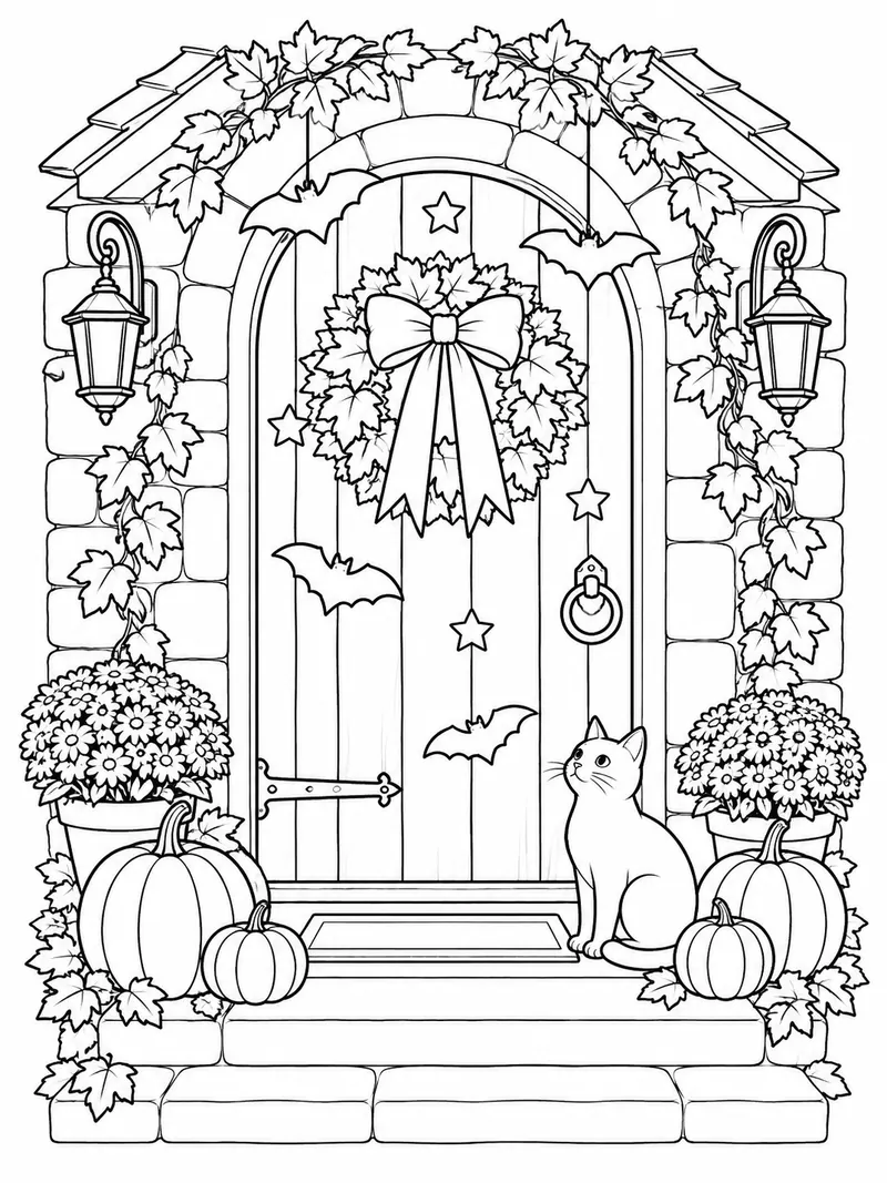 A cottage door is decorated with outlined bats, stars, leaves, a bow, and pumpkins on the steps.