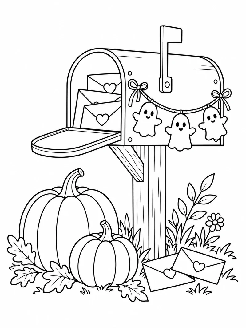 A rustic mailbox decorated with a ghost garland stands beside pumpkins and envelopes with simple heart seals, no writing.
