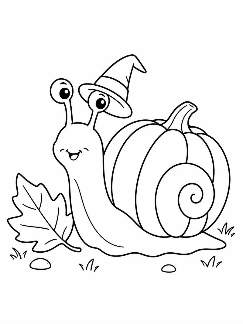 A friendly snail has a pumpkin-shaped shell and wears a tiny pointed hat, beside a leaf.
