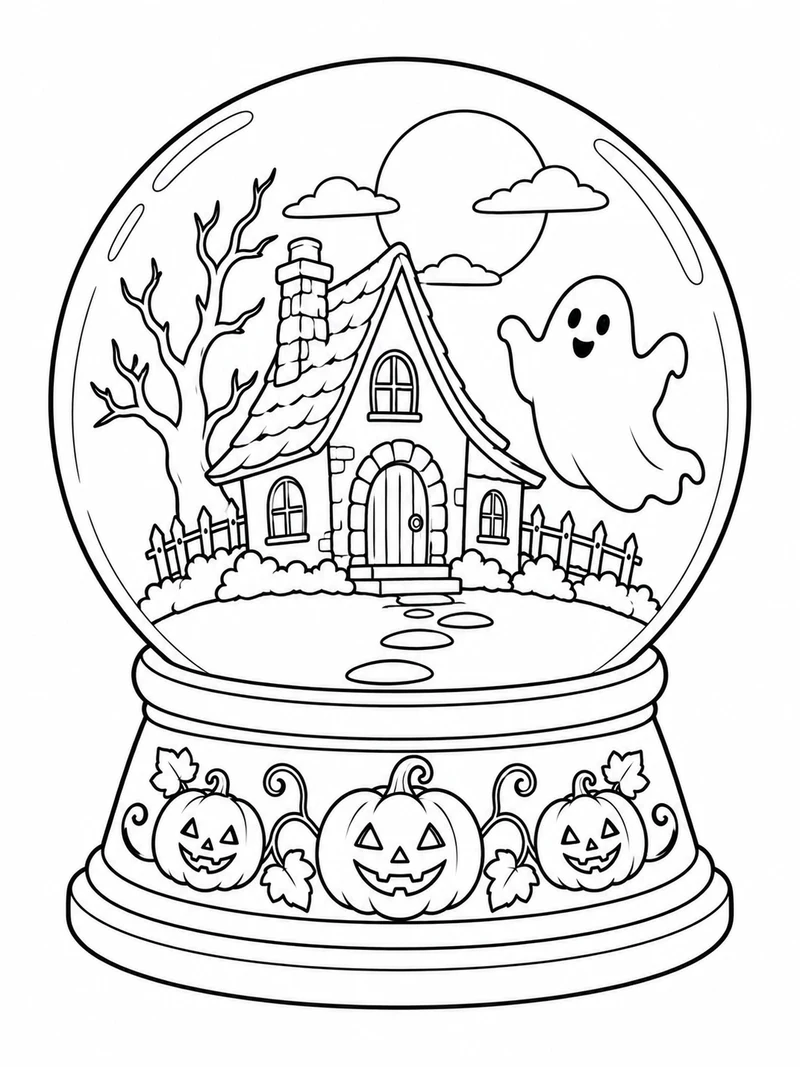 A clear round globe contains a little haunted cottage and a smiling ghost, on a base decorated with pumpkins.