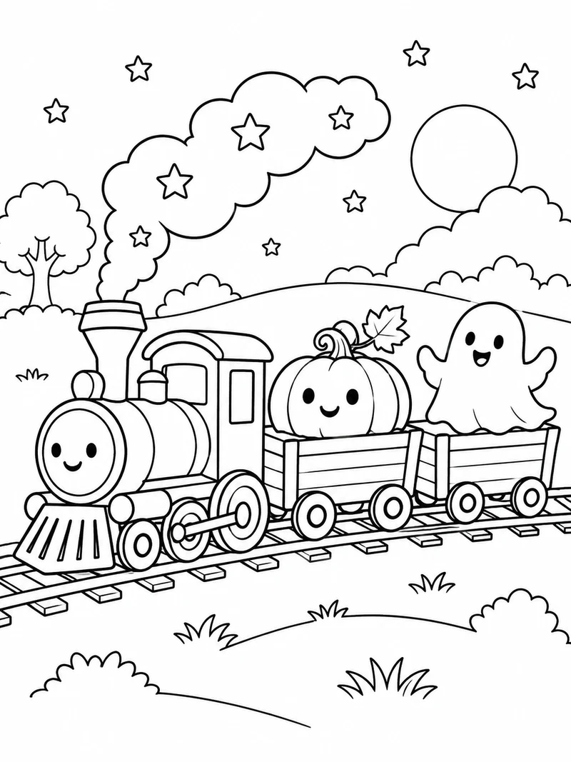 A small toy locomotive pulls two carriages carrying a pumpkin and a friendly ghost, with stars in the steam.