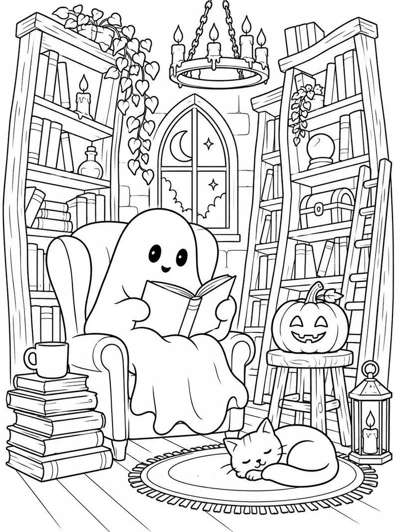 A whimsical library corner has crooked bookshelves, a smiling ghost reading a book, candles, and a pumpkin on a stool.