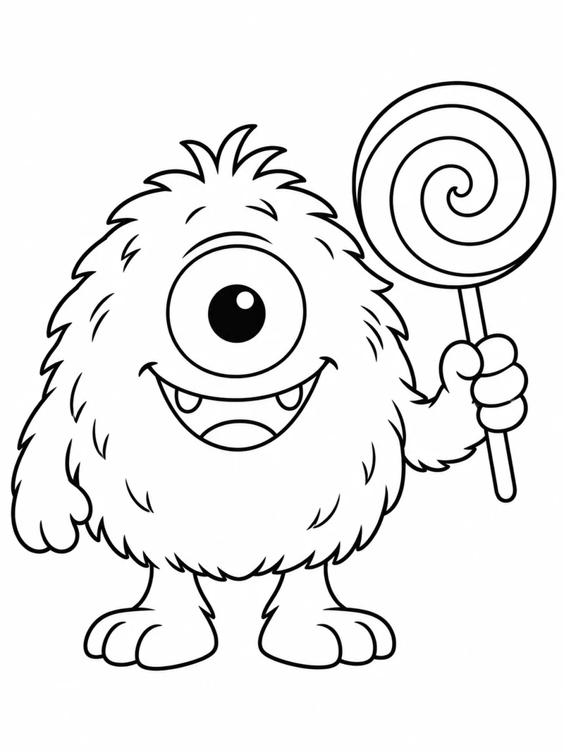 A round fluffy one-eyed monster with two feet holds a large spiral lollipop.