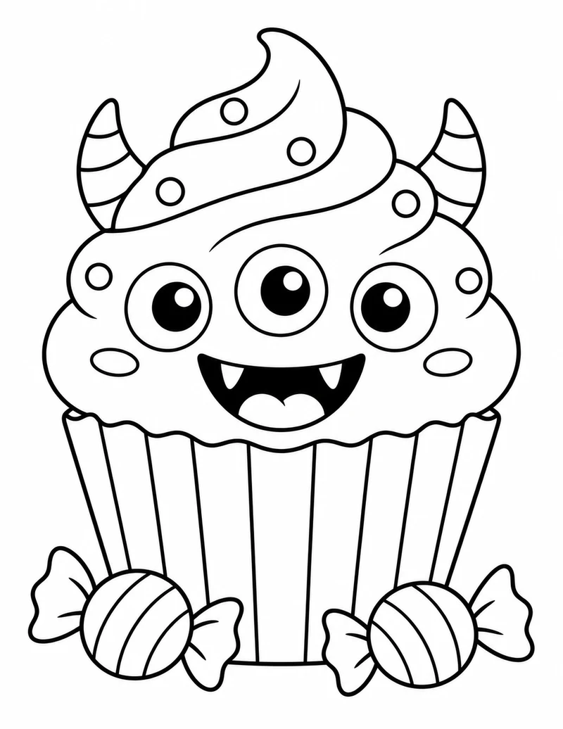 Meet a smiling three-eyed cupcake monster with striped horns and two wrapped candies.