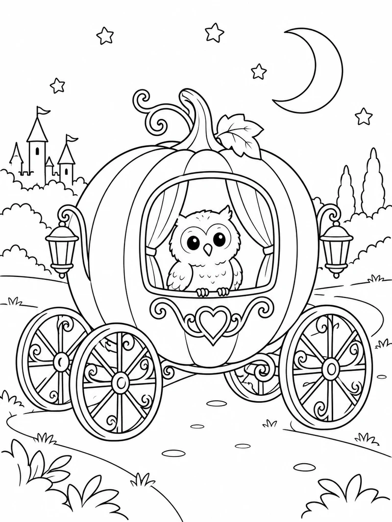 A tiny owl rides inside a pumpkin carriage with four decorative wheels, a crescent moon overhead.