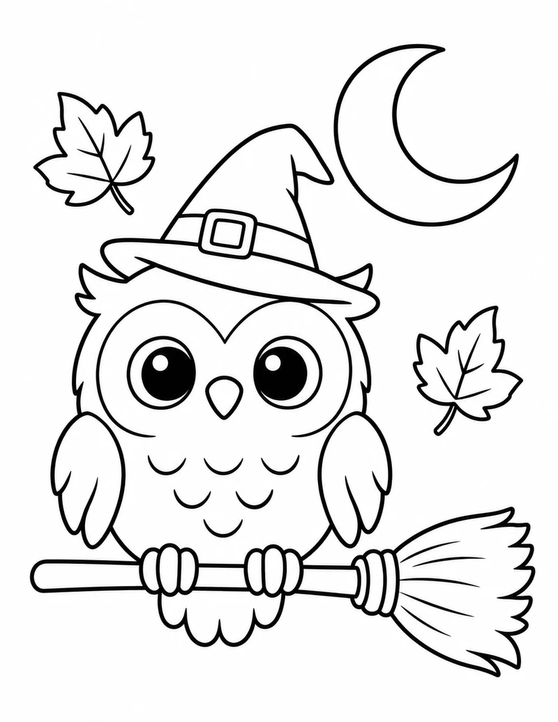 A wide-eyed owl balances on a broomstick under a crescent moon.
