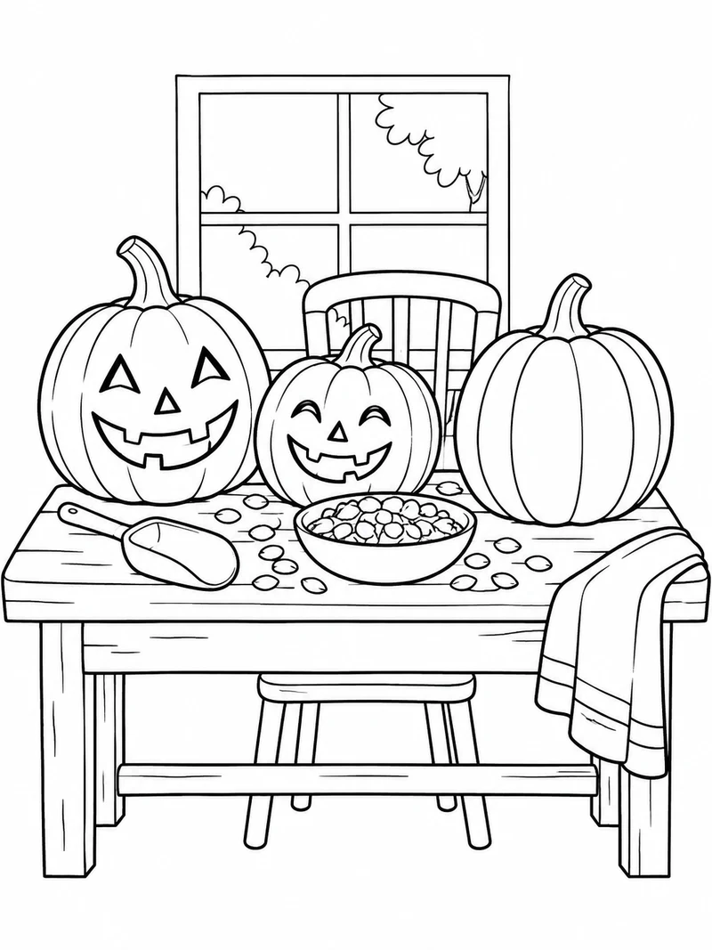 A sturdy table displays two friendly jack-o-lanterns, a scoop, pumpkin seeds, and an uncarved pumpkin.