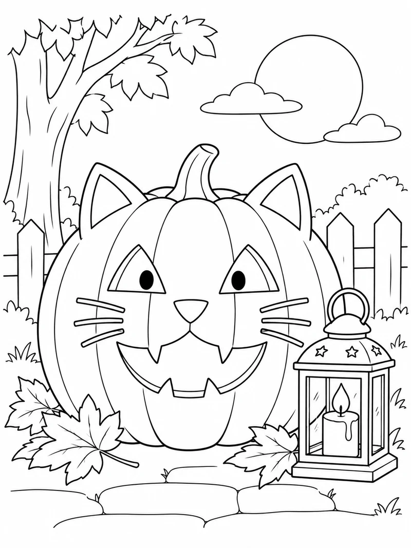 A cat-shaped jack-o-lantern with triangular ears and whisker outlines sits beside a small candle lantern.