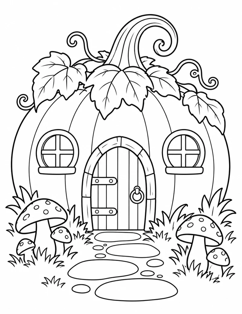 Turn a pumpkin into a tiny autumn home with round windows, a wooden door, and a mushroom-lined path.