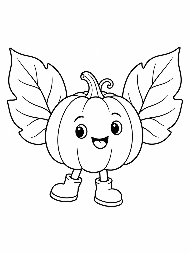 A tiny smiling pumpkin character has two large leaf wings and small boot-shaped feet.