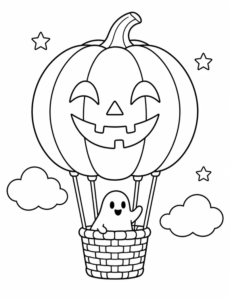 A friendly ghost takes a ride in the basket of a pumpkin-shaped hot air balloon.