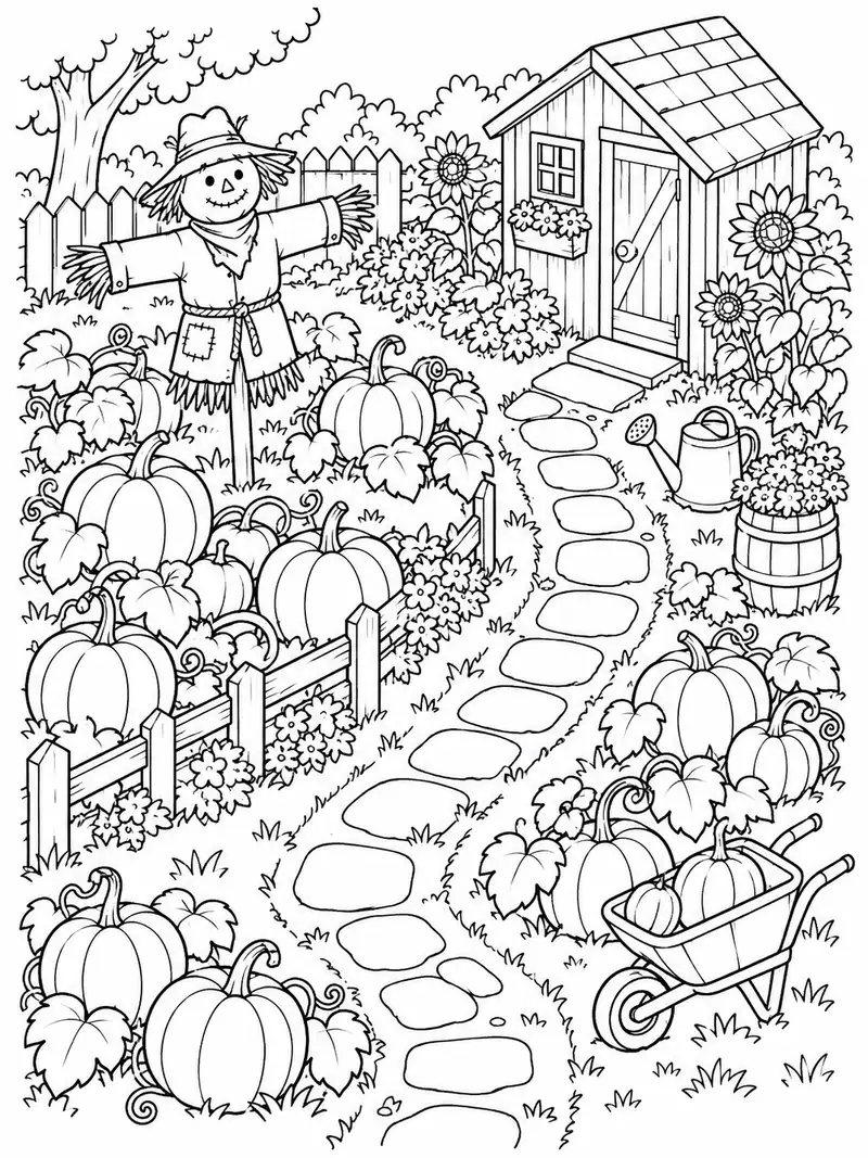 A playful overhead garden scene shows a short winding path between pumpkins, a scarecrow, and a tiny shed; not a puzzle requiring a solution.