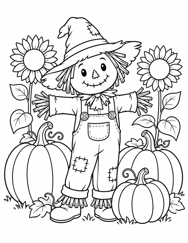 A smiling scarecrow guards three pumpkins between two sunflowers.