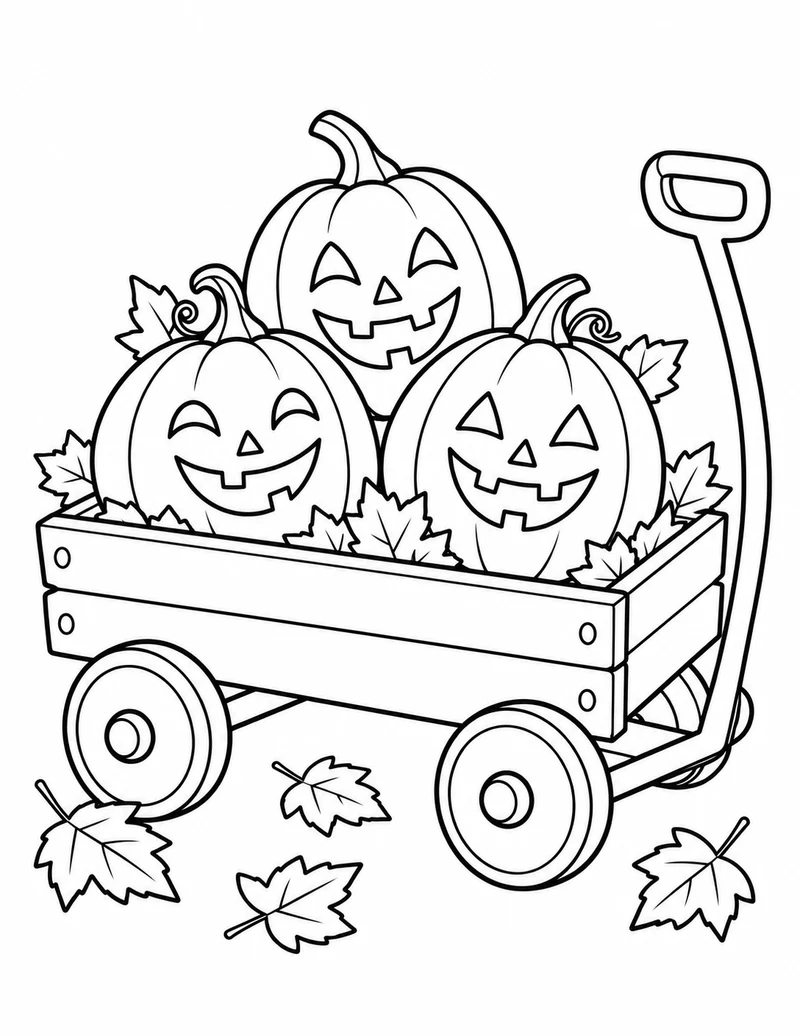 Three cheerful jack-o-lanterns ride in a wooden wagon surrounded by autumn leaves.
