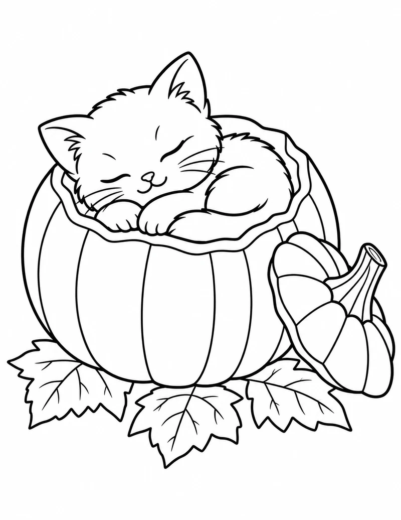 A sleepy kitten curls up inside a hollow pumpkin, with the lid resting beside it.