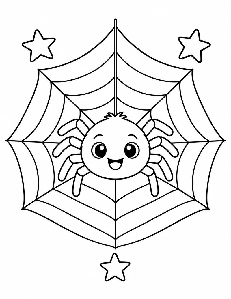 An eight-legged spider smiles from the center of a web surrounded by stars.