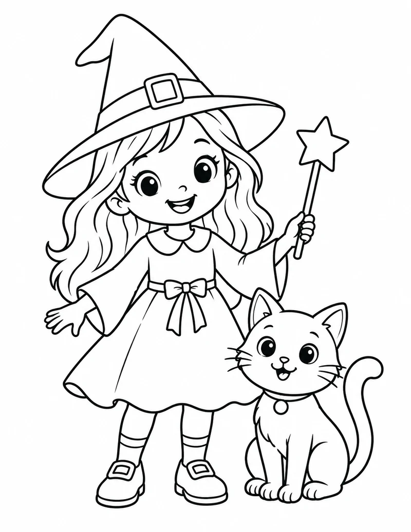 A little witch holds a star wand beside her seated cat.