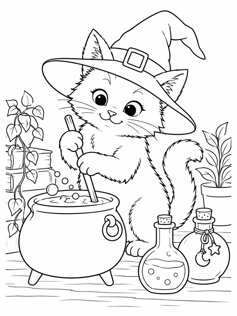 A cat wearing a witch hat stirs a small cauldron beside two round potion bottles.