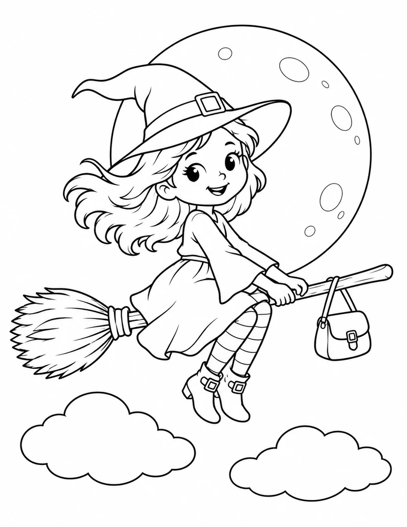 A little witch rides a broomstick past a full moon, with her satchel hanging from the handle.