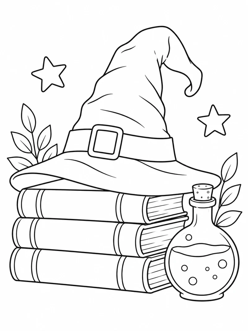 A large witch hat rests on three closed blank-spined spellbooks beside a potion bottle and two stars.