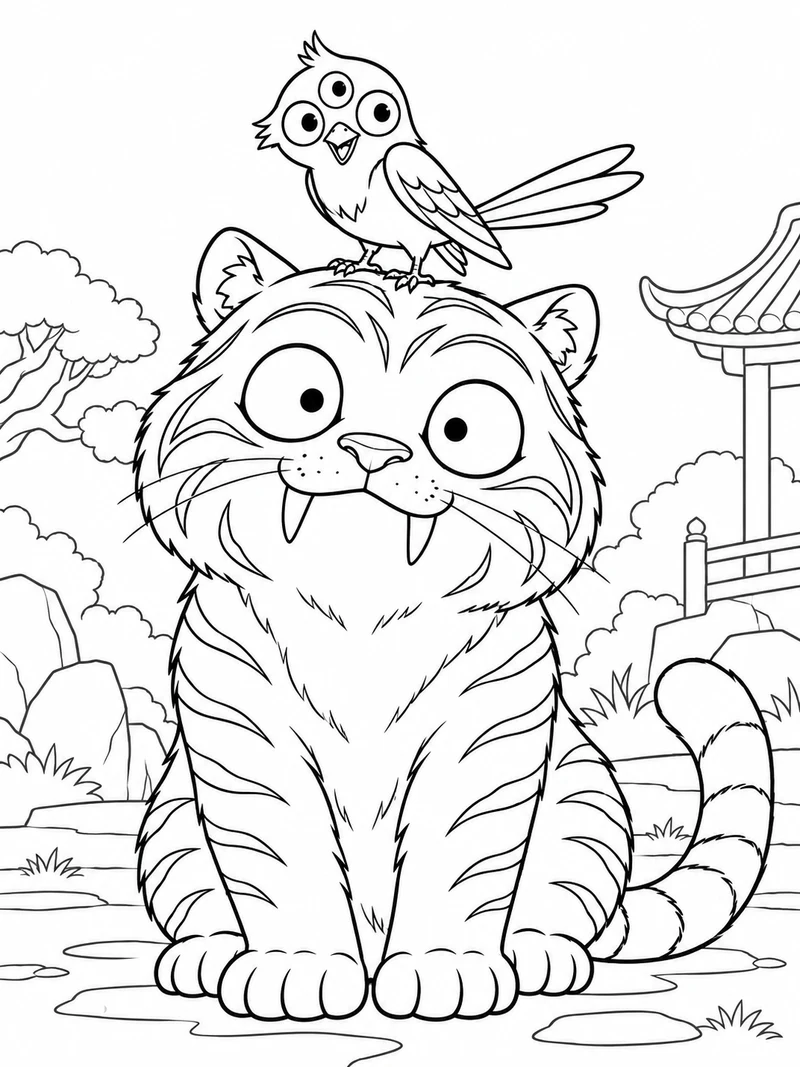 The comical blue tiger Derpy from KPop Demon Hunters sits with wide round eyes, outlined striped fur and two protruding fangs; the small three-eyed magpie Sussie perches on its head.
