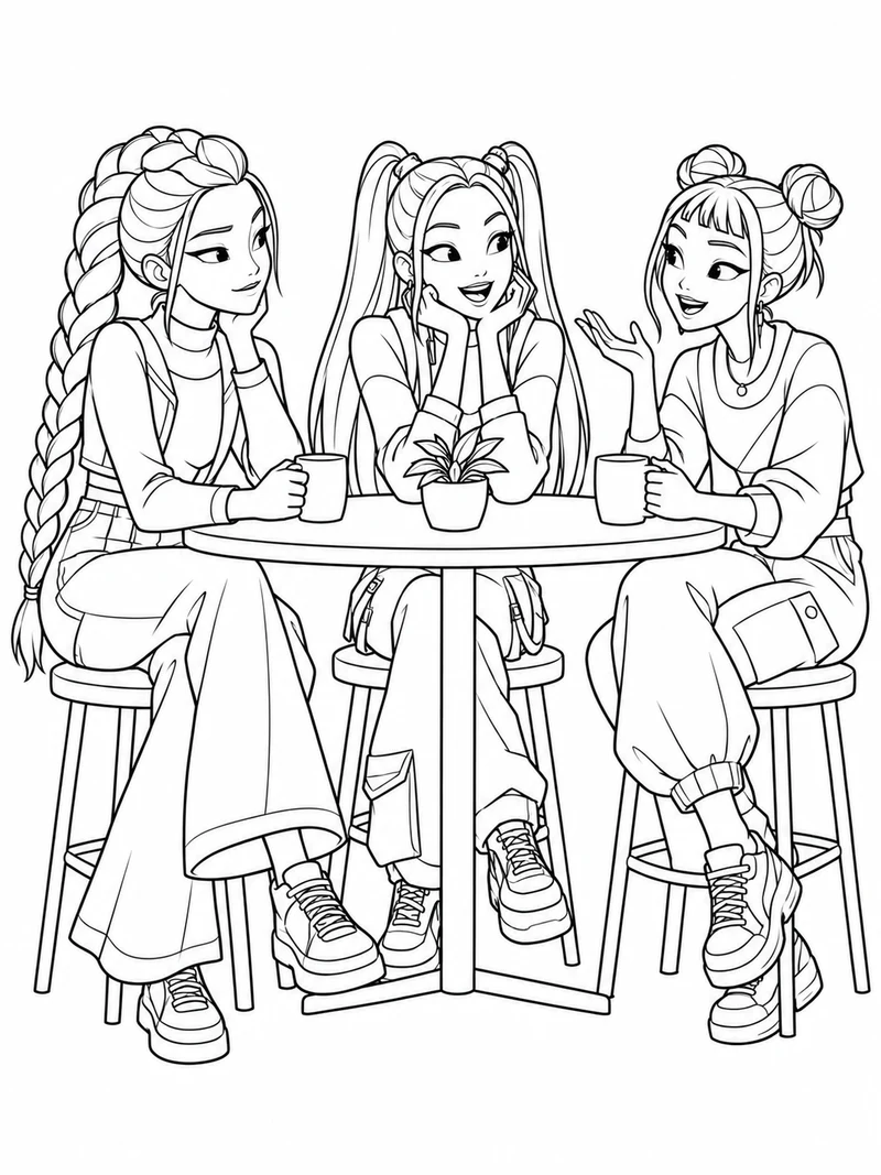 Rumi with long braid, Mira with long twin ponytails, and Zoey with two buns from KPop Demon Hunters sit on three stools around a table with mugs.