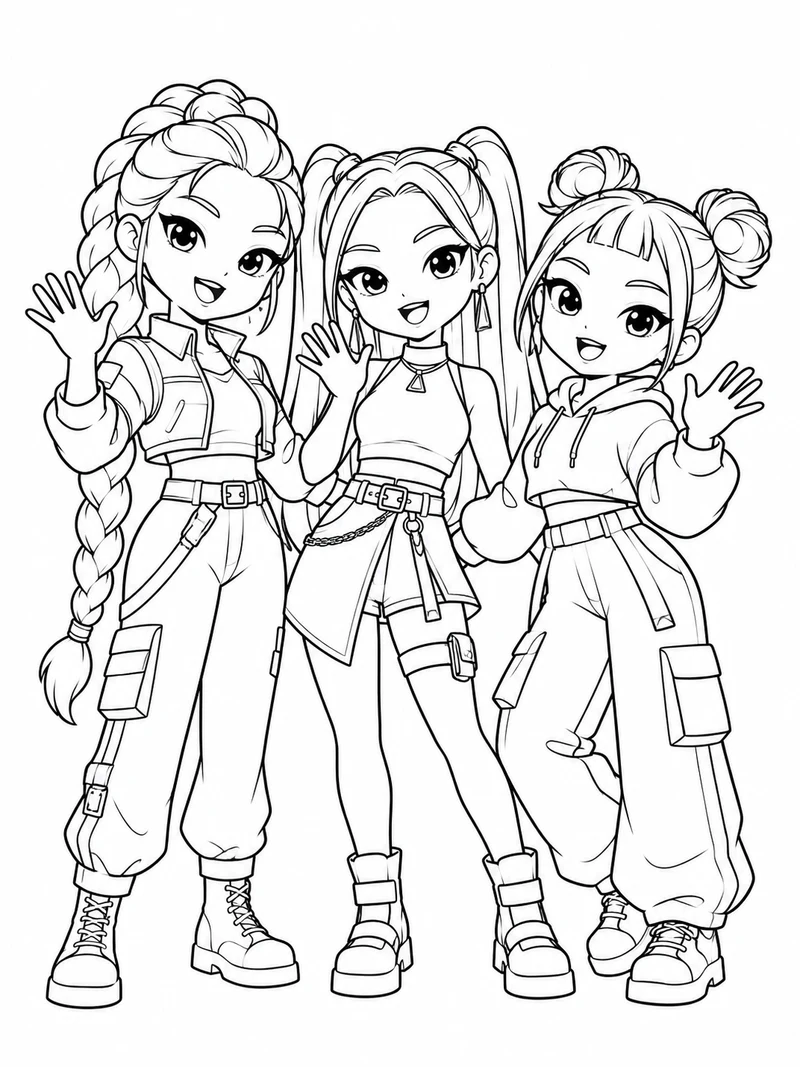 Cute chibi versions of Rumi with her long braid, Mira with twin ponytails, and Zoey with double buns from KPop Demon Hunters wave together.