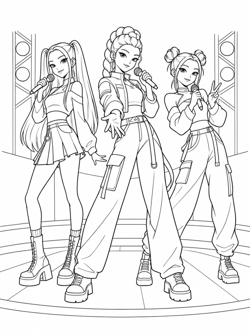 Rumi with a long braided ponytail, Mira with long straight twin ponytails, and Zoey with double buns from KPop Demon Hunters stand together on a simple concert platform with microphones.