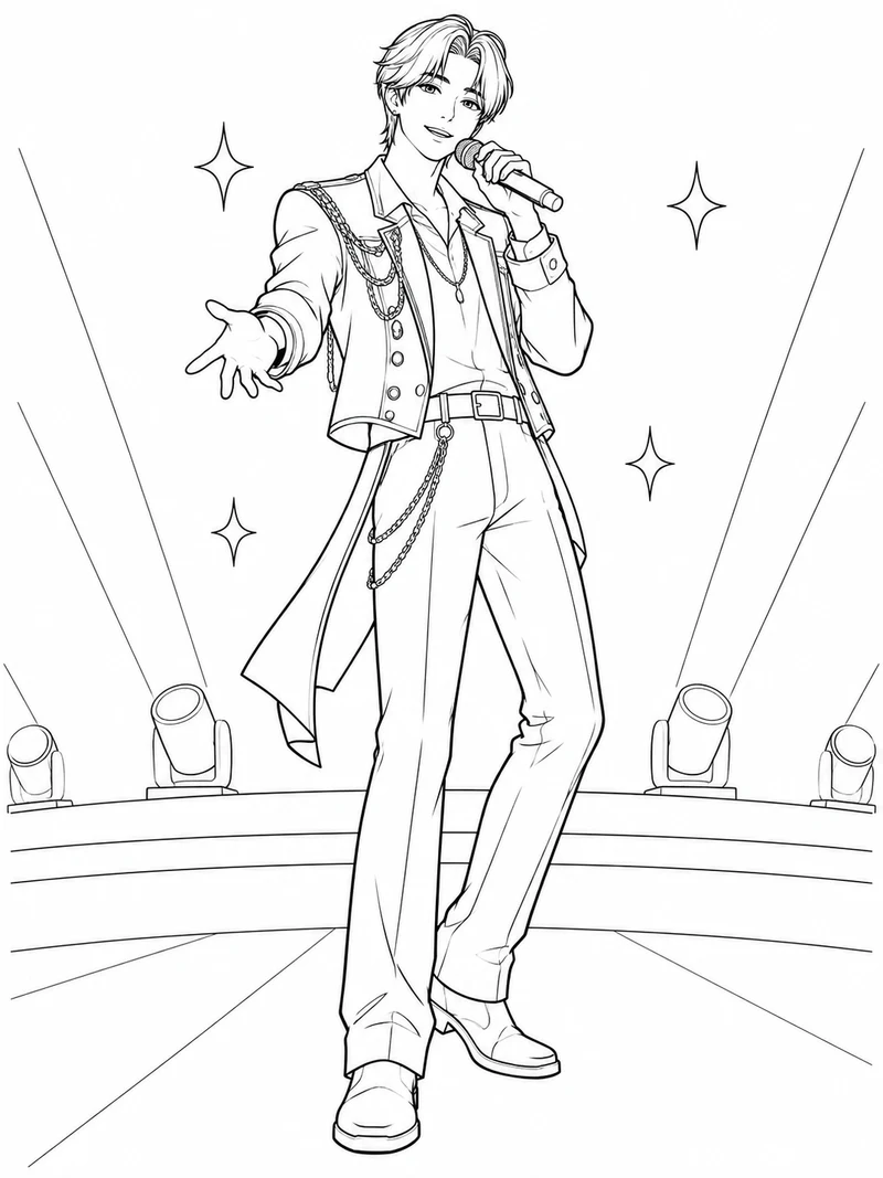 Jinu from KPop Demon Hunters, a youthful adult male idol with center-parted hair, smiles while holding a microphone in a neatly layered stage outfit.