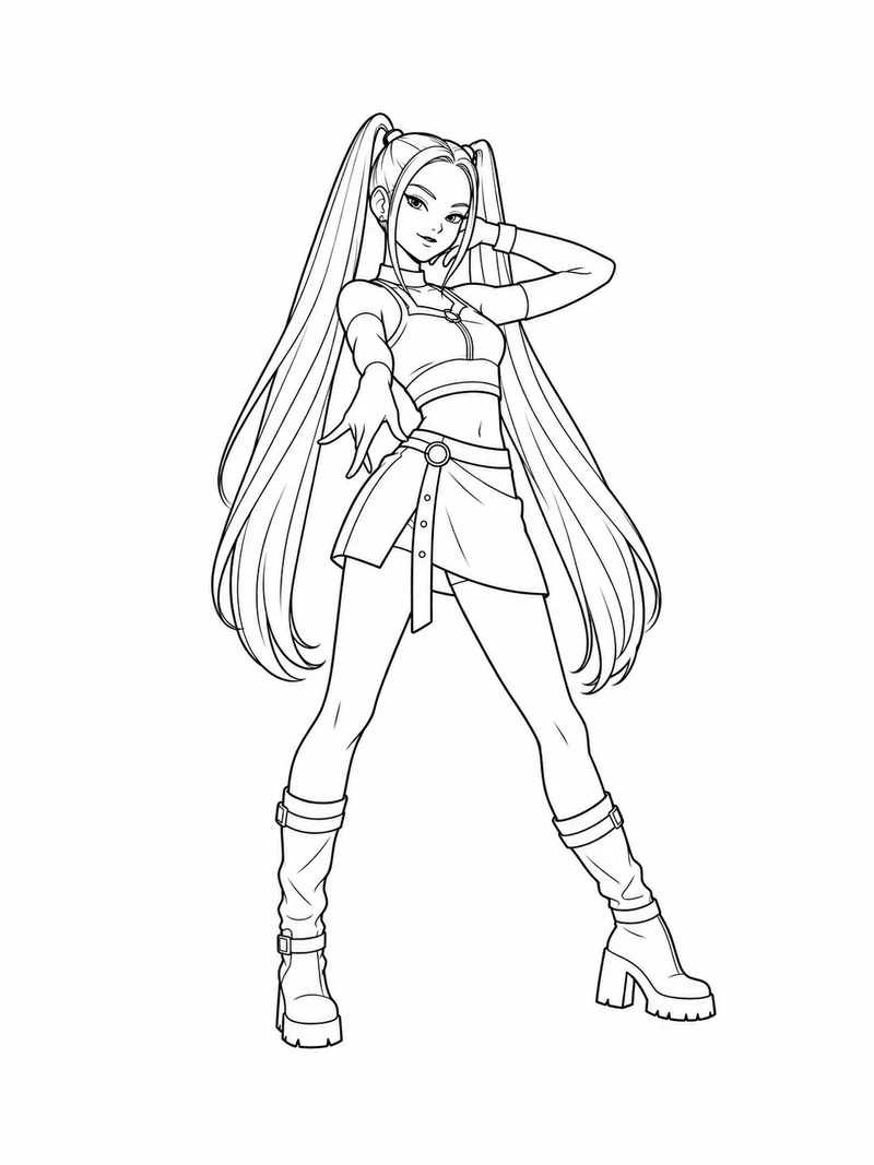 Mira from KPop Demon Hunters, recognizable by her very long straight twin ponytails and confident expression, practices a standing dance pose in a performance outfit and boots.
