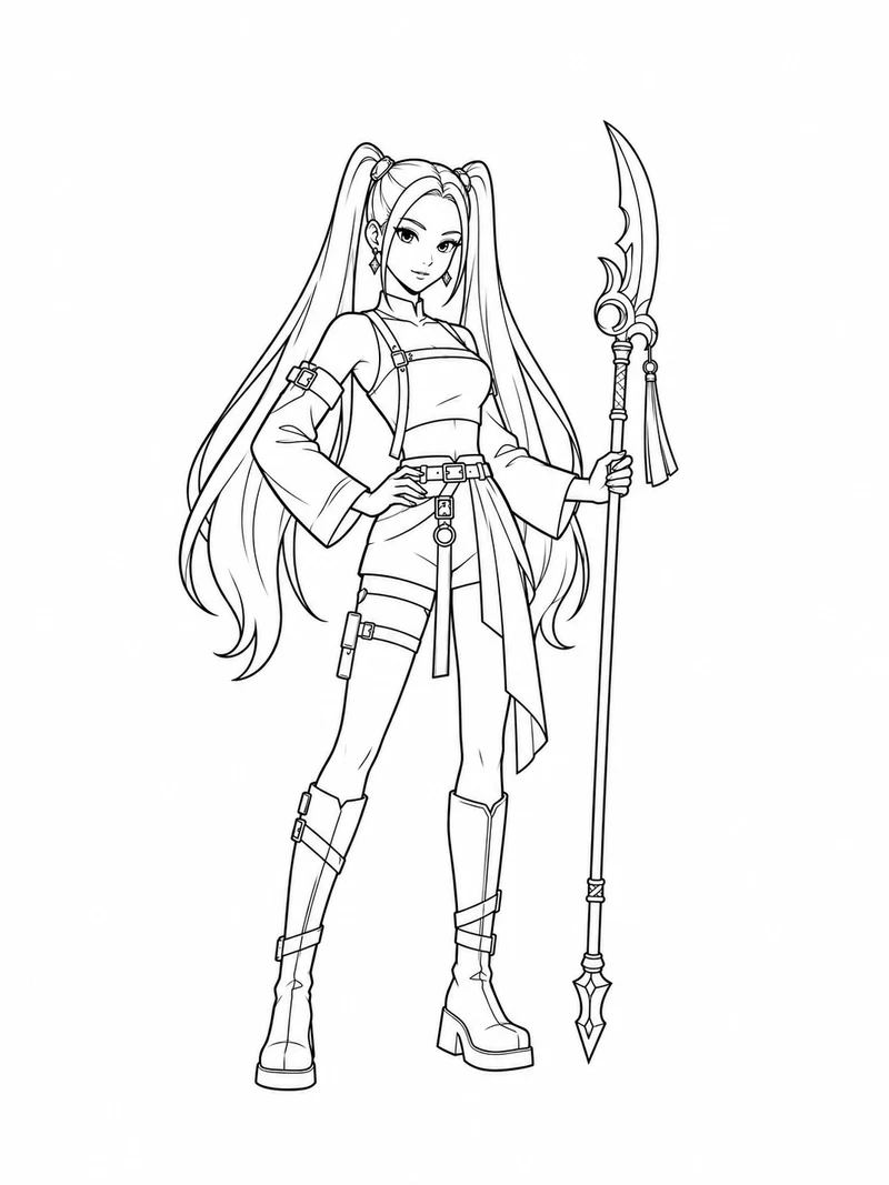 Mira from KPop Demon Hunters stands beside her upright decorative polearm, wearing boots and a stage outfit with long twin ponytails.