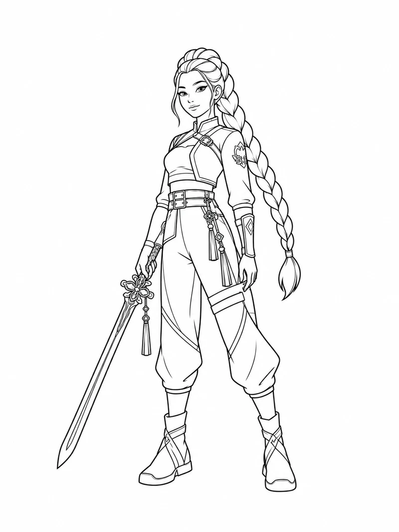 Rumi from KPop Demon Hunters stands calmly with her long braid and ornate saingeom sword pointed down beside her, in a action outfit.