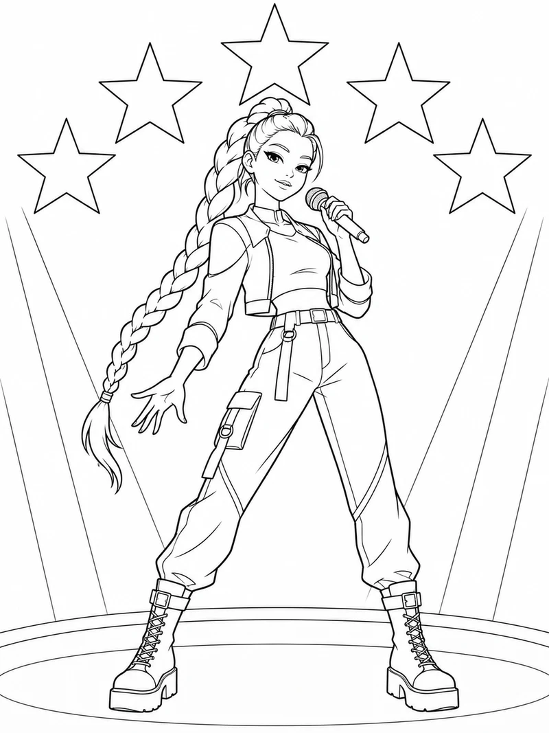 Rumi from KPop Demon Hunters with her long braided ponytail stands beneath large outlined stars holding a microphone, simple concert outfit and full boots.