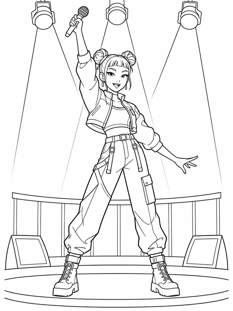 Zoey from KPop Demon Hunters with twin hair buns and short bangs raises a microphone on a small stage beneath three outlined spotlights.