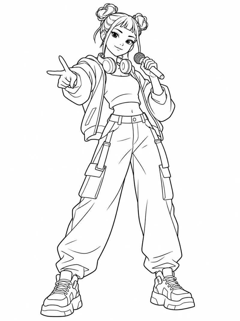 Zoey from KPop Demon Hunters, recognizable by her double hair buns and short bangs, wears large headphones around her neck and holds a microphone.