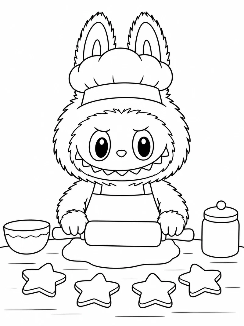 Labubu in a plain apron stands behind a table with a rolling pin and star cookies, its ears above a small chef hat.