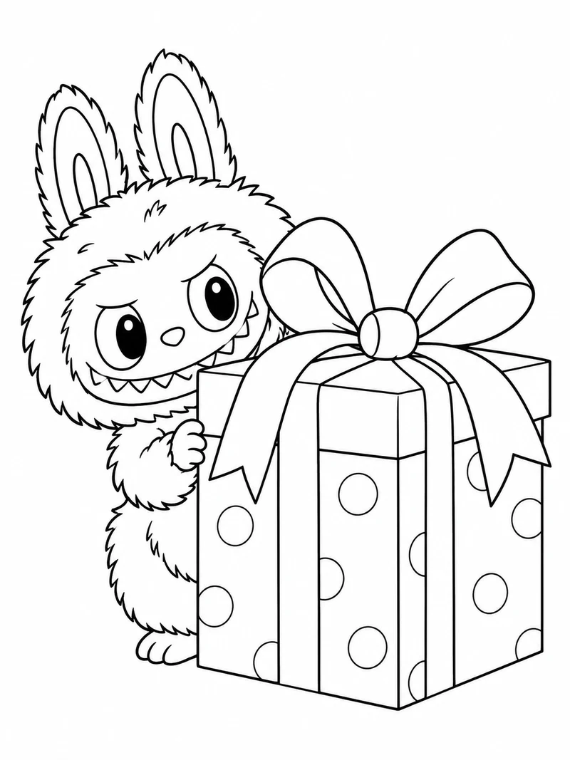 Labubu with its familiar ears and toothy grin peeks around a large wrapped gift with a wide ribbon bow.