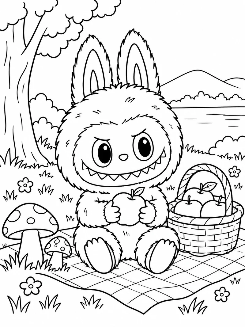 Labubu with pointed ears and a toothy grin sits on a picnic blanket beside mushrooms and an apple basket.