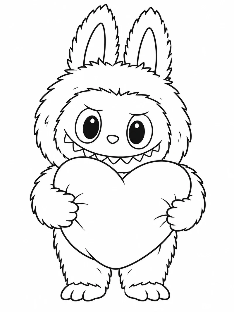 Labubu hugs one large heart-shaped cushion with its small furry arms, full pointed ears and toothy grin visible.
